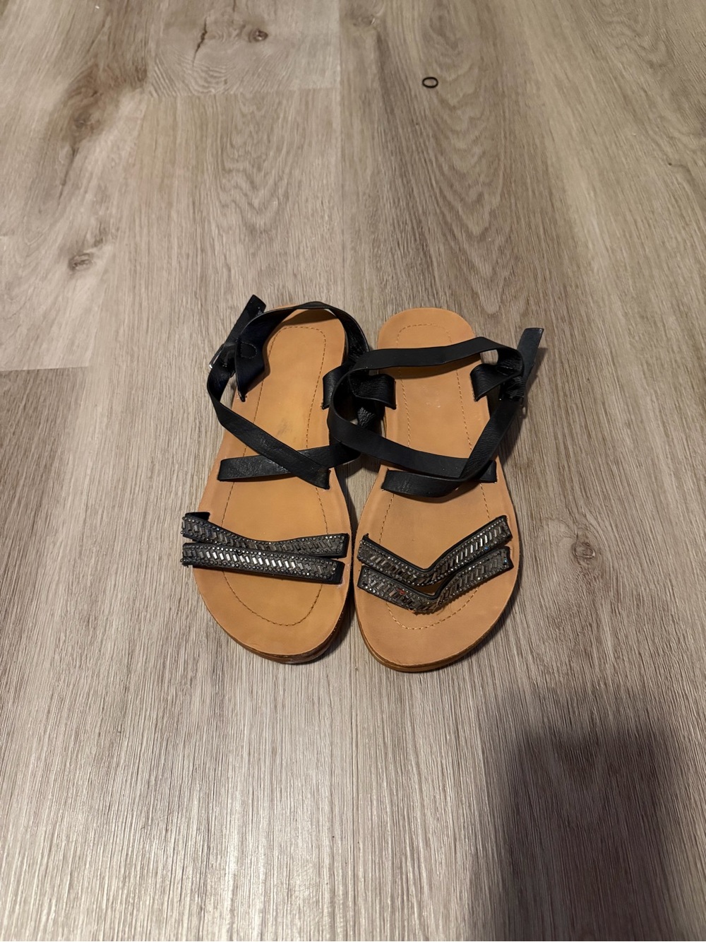 Women's Black Strappy Sandals with Tan Footbed